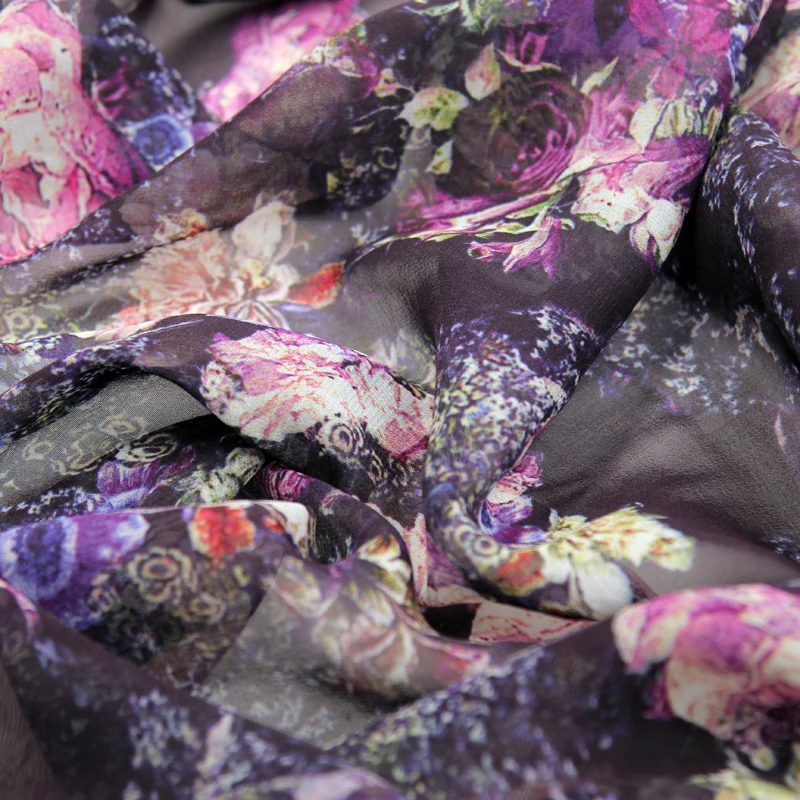 Фиолетовый цветочный принт 100% шелк жоржет Марля шелковая ткань 136 см ширина