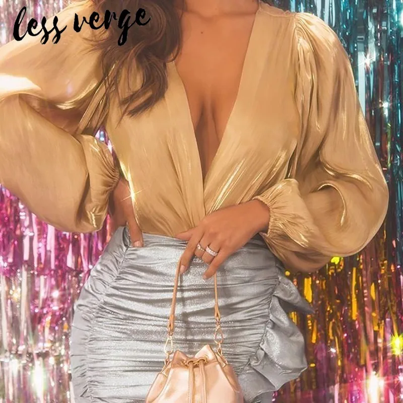 Lessverge v образный вырез сексуальная блестящая блузка рубашка женская фонарь рукав
