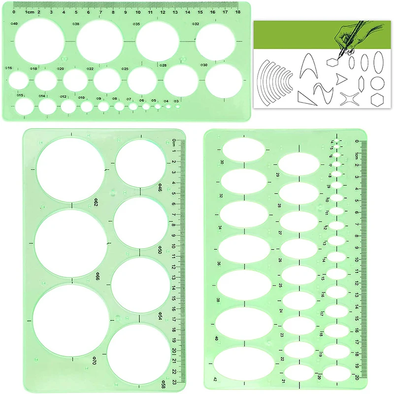 

3 Styles rulers Green Plastic Circles Geometric Template Ruler Stencil Measuring Tool Stationery Students Drawing Curve Ruler