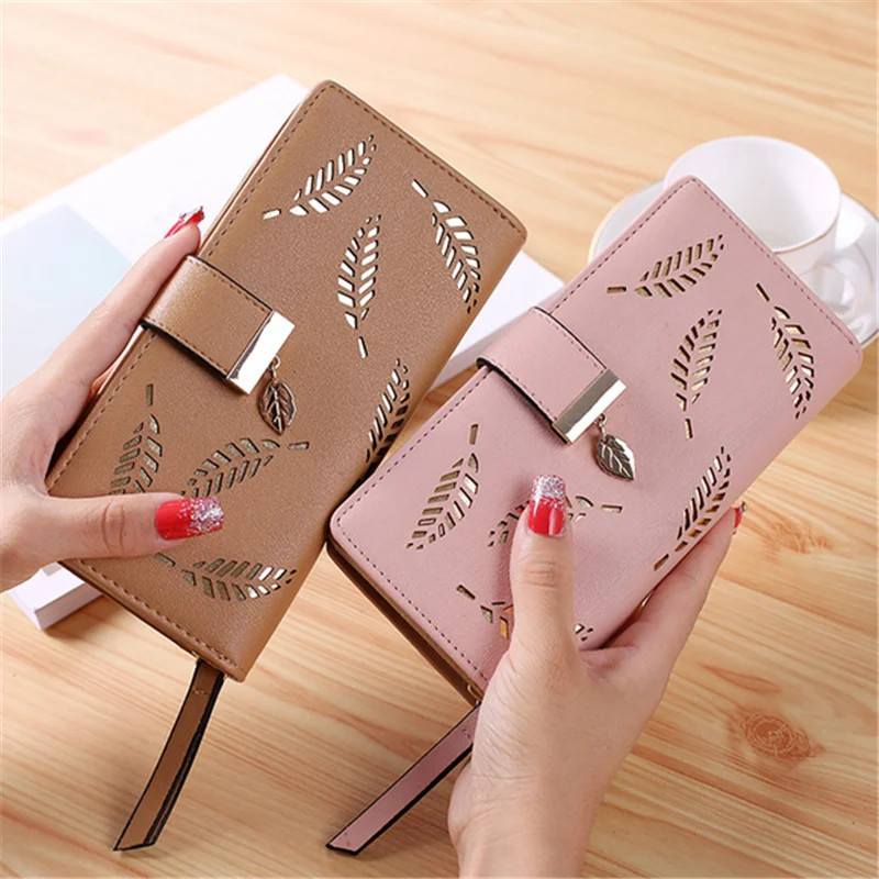 

Women Wallet PU Leather Purse Female Long Wallet Gold Hollow Leaves Pouch Handbag for Women Coin Purse Card Holders Clutch