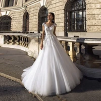 white v neck applique lace beading a line backless wedding dresses with cap sleeves tulle court train wedding gowns bride dress