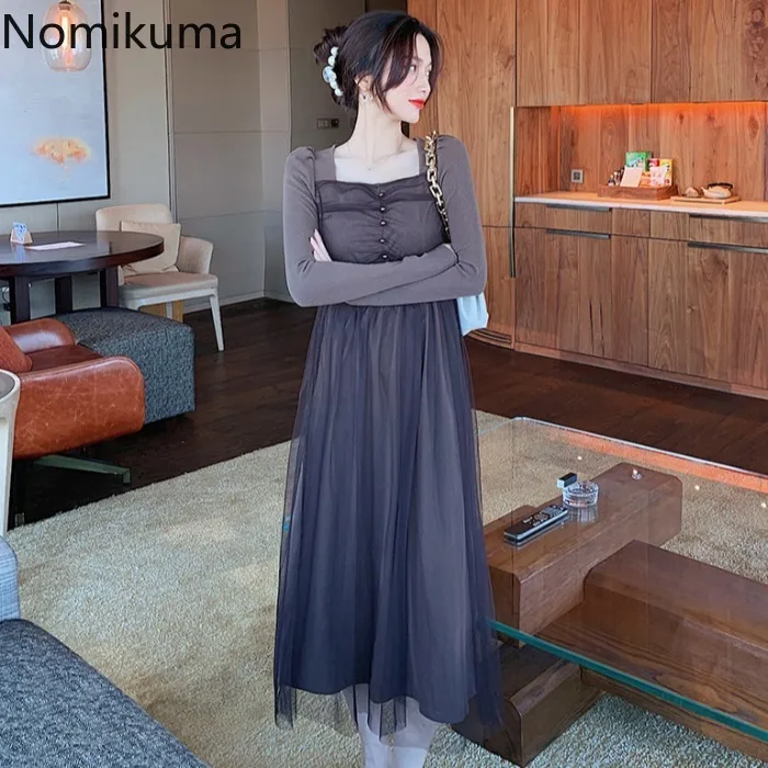 Nomikuma темпераментные элегантные марлевые платья осень новый квадратный воротник