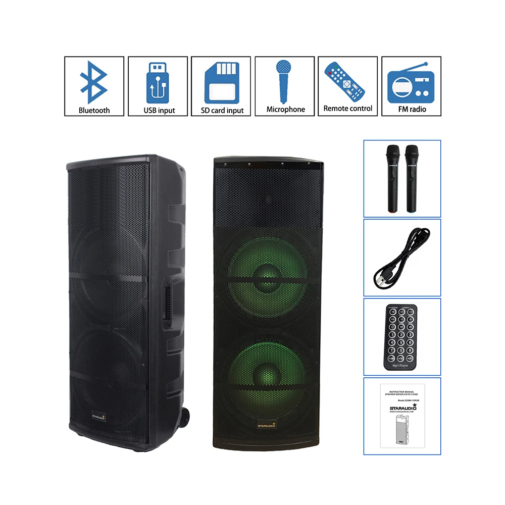 

Professional 5000W Dual 15" Powered Active DJ Stage PA Audio Bluetooth Speaker System USB FM LED RGB Light Speaker SDMN-15RGB