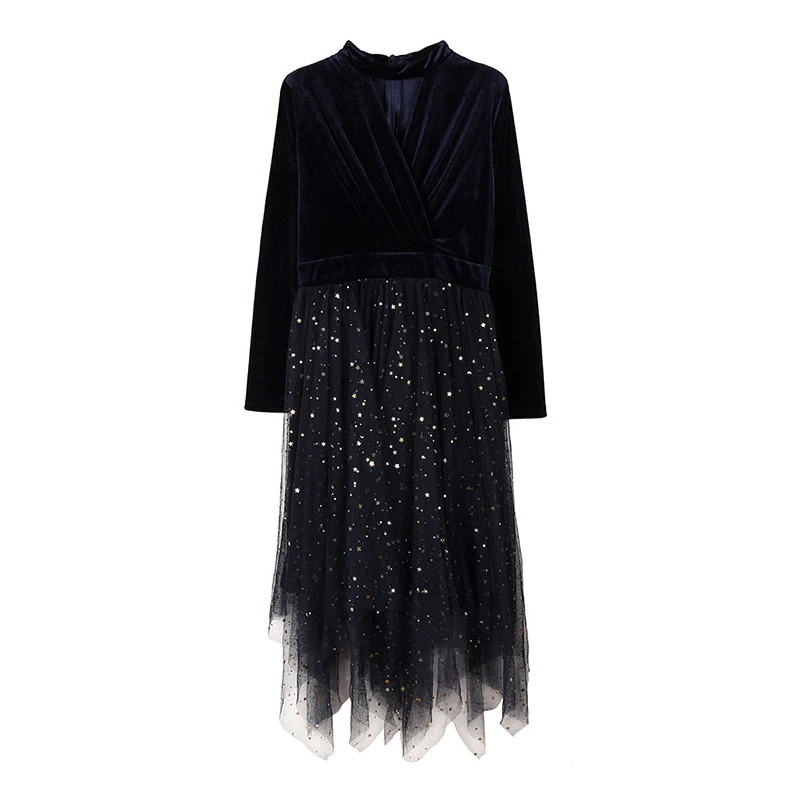 

Платье PERHAPS U женское вечернее, черное, темно-синее бархатное Сетчатое в стиле пэчворк, с блестками, с длинным рукавом, асимметричное средней ...