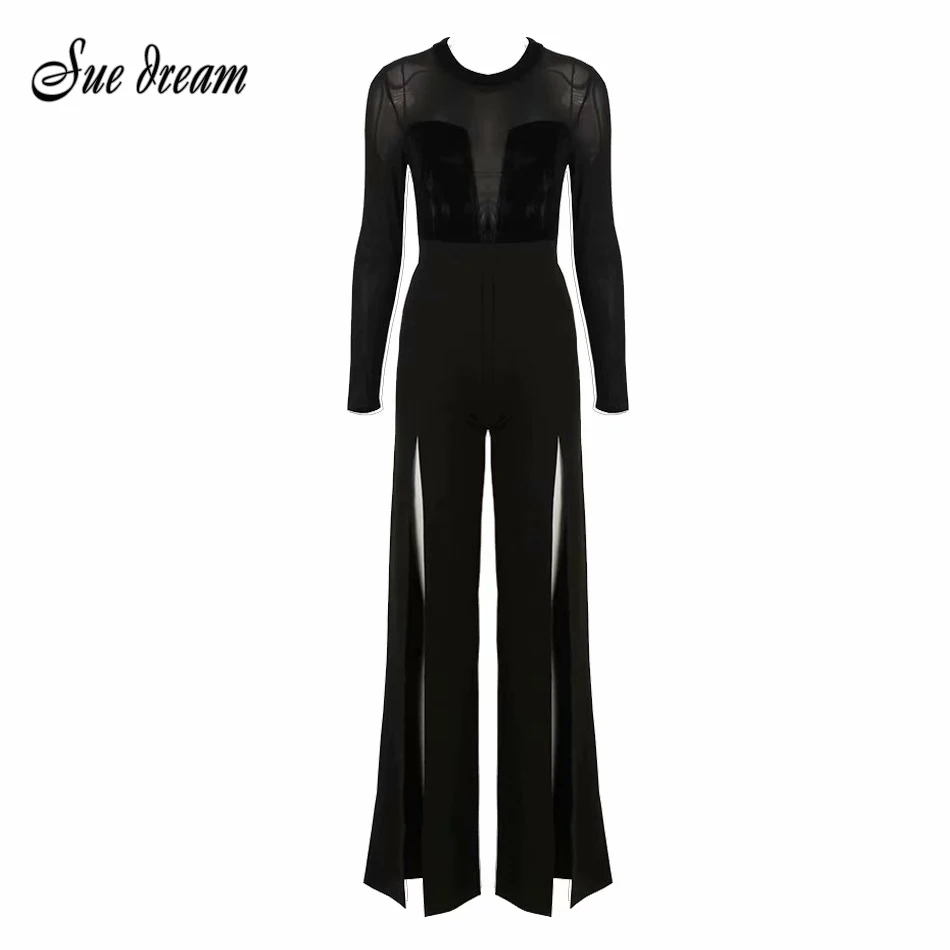 Новинка Весна 2020 женский сексуальный сетчатый бархатный комбинезон с разрезом
