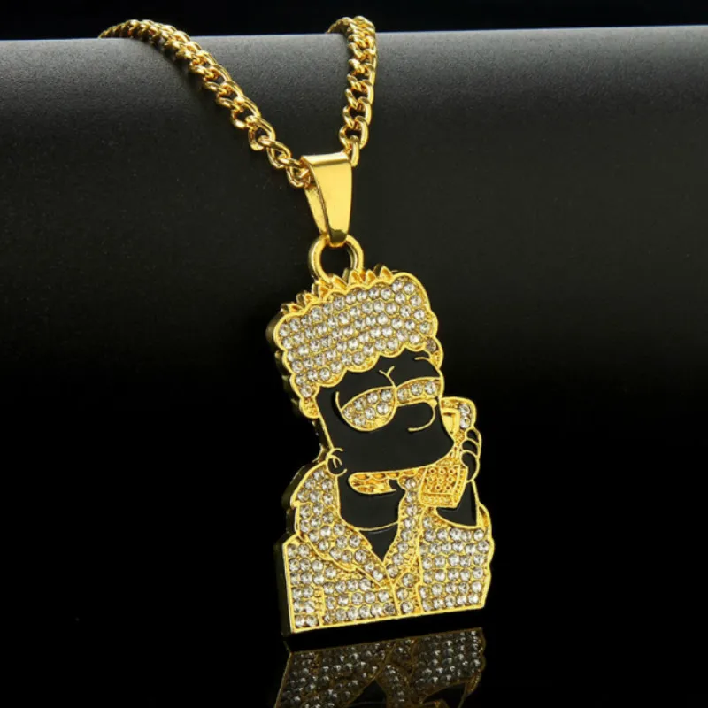 

VILAGE 24inch Twist Chain Fashion Men's Hip Hop 18K Gold Iced Out Black Image Pendant Necklace Jewelry