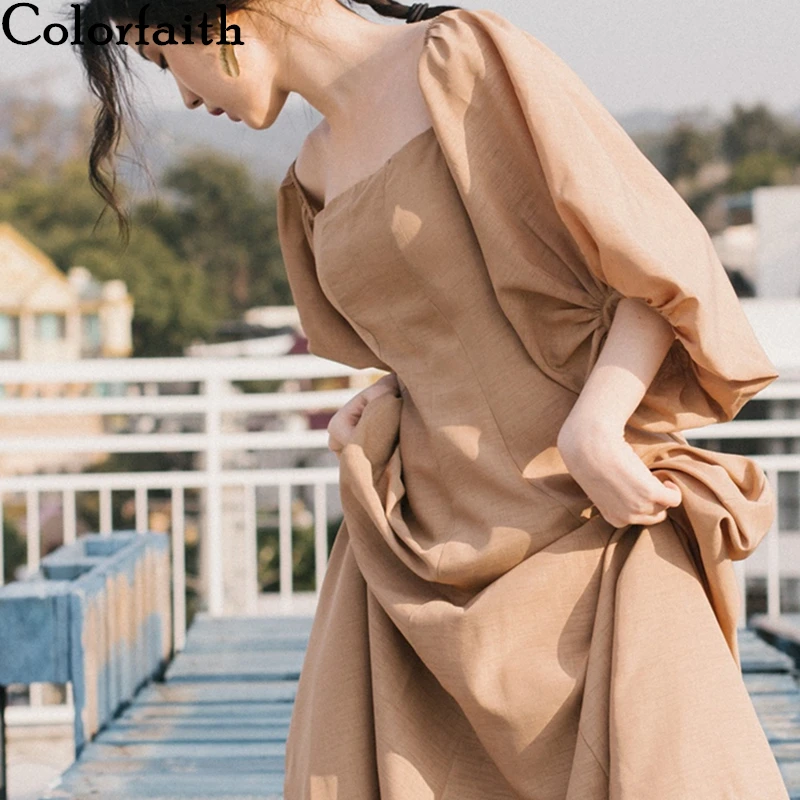 Colorfaith/Новинка 2021 года Сезон весна лето Женское платье с рукавами фонариками и