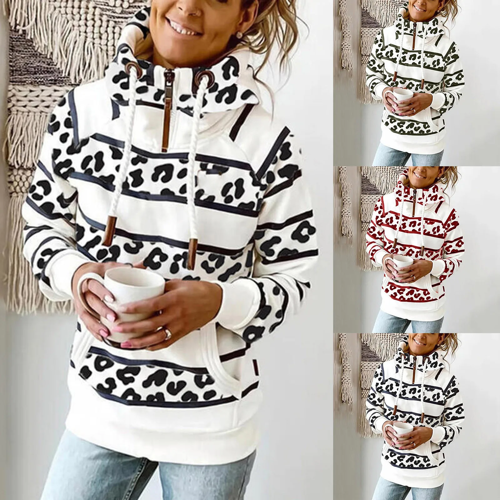 

Fashion Star Leopard Hoodies Casual Autumn Winter Turtleneck Pullovers Sweatshirt Streetwear Female Long Sleeve Women Outerwear