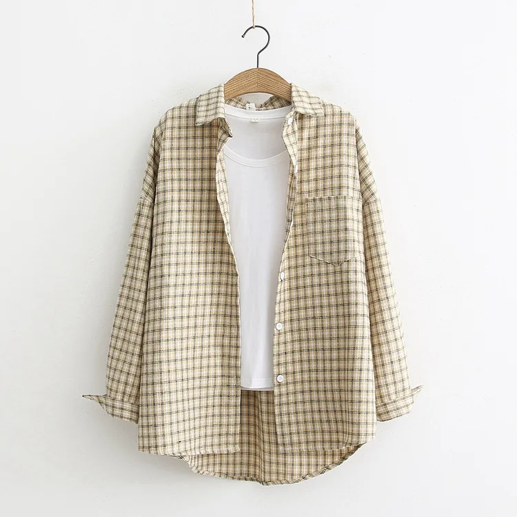 Retro Plaid Shirt Women's Loose Long Sleeve Turn-down Collar Shirt Coat Tide  Women Blouse Cotton  party blouse