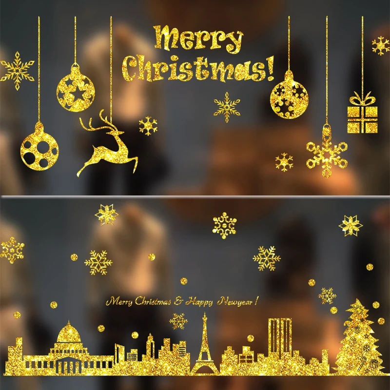 Веселые новогодние наклейки на окно Санта Клаус Олень Рождественская елка