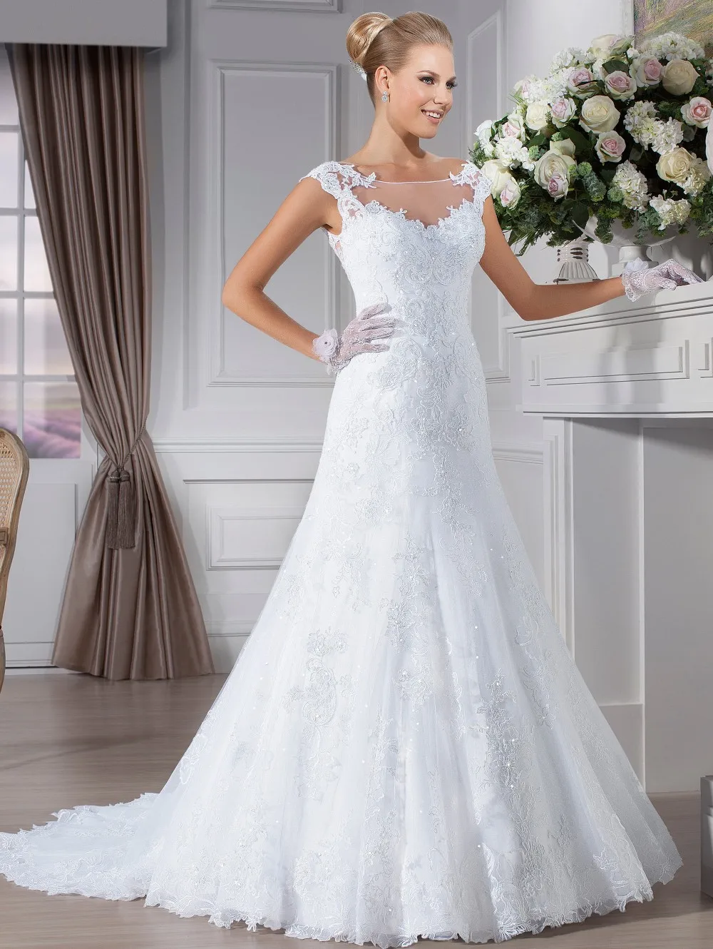 

Hot sale scoop cap sleeve see through back zipper button beaded appliqued lace vestidos longos wedding dress IZ5