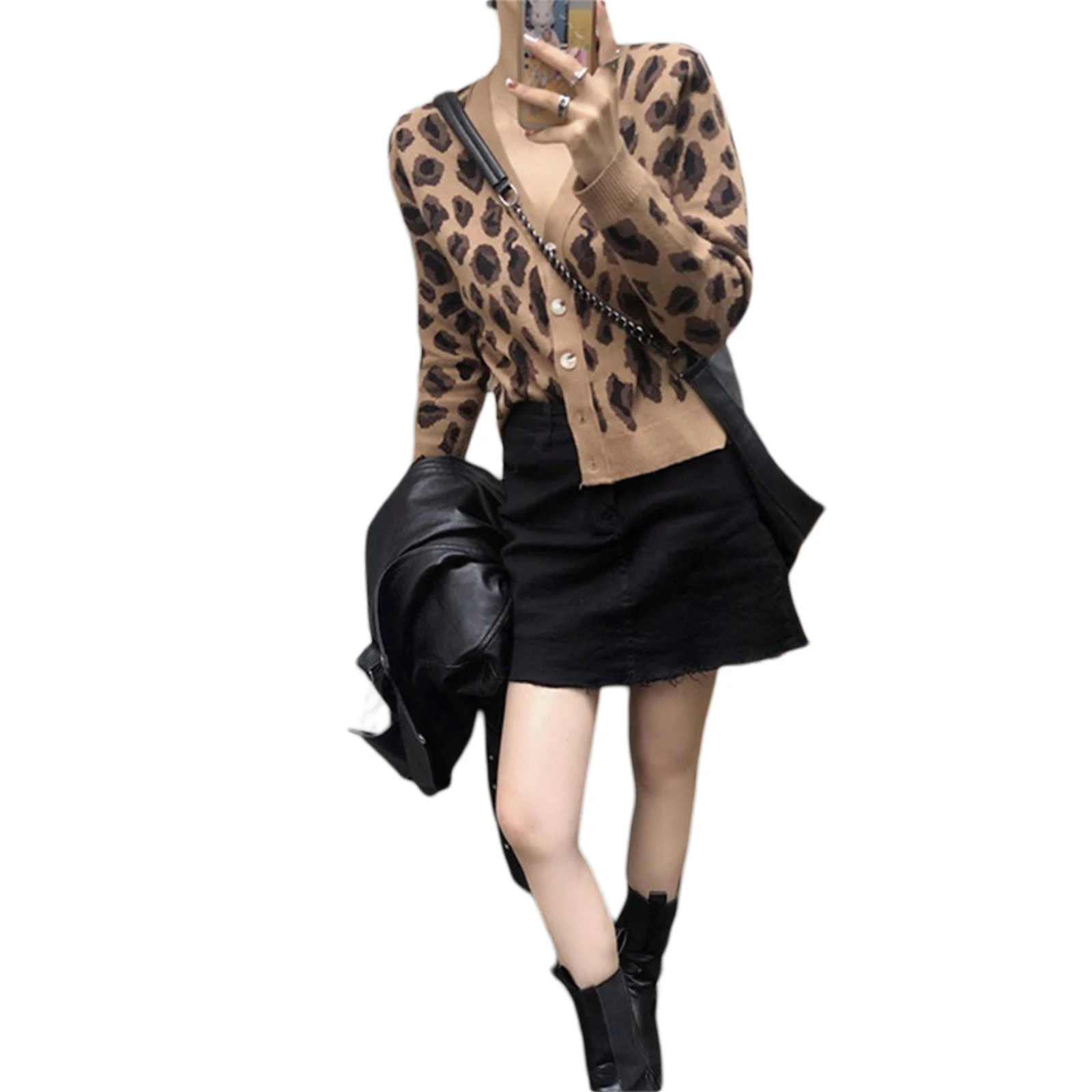

Women's Button Down Sweater, Casual Long Sleeve V Neck Leopard Print Loose Knit Cardigan