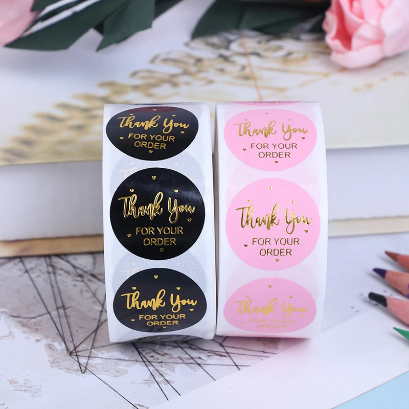 

500pcs Pink Black Handmade With For Your Order Heart Thank You Sticker