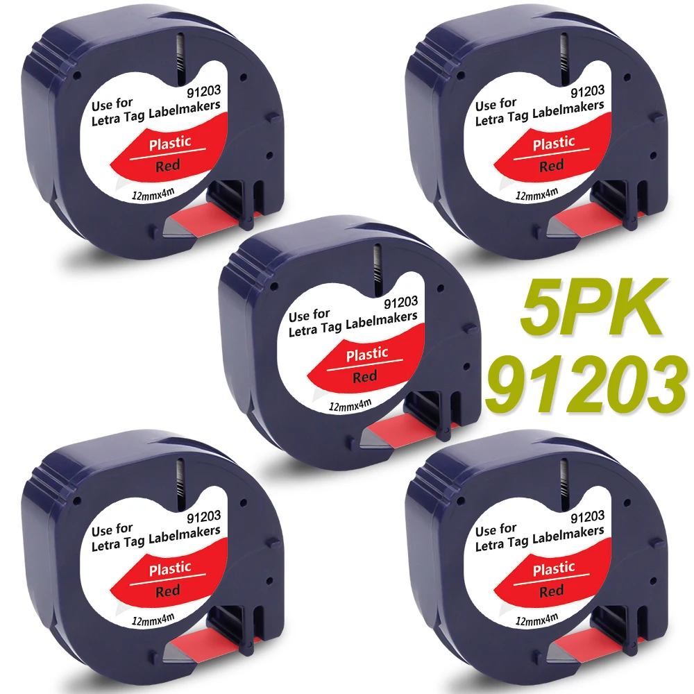 5PK 12 мм лента для маркировки Dymo LT 91203 черный на красном совместимая с Letratag