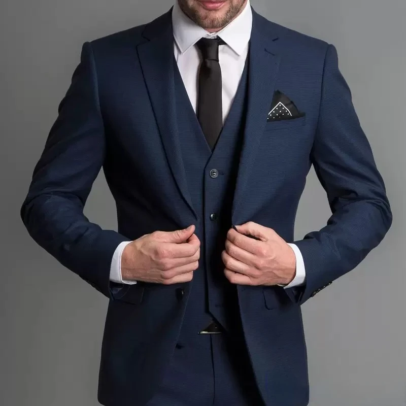 

Мужские облегающие костюмы темно-синего цвета, свадебные смокинги с отложным воротником, комплект из 3 предметов, индивидуальный деловой му...