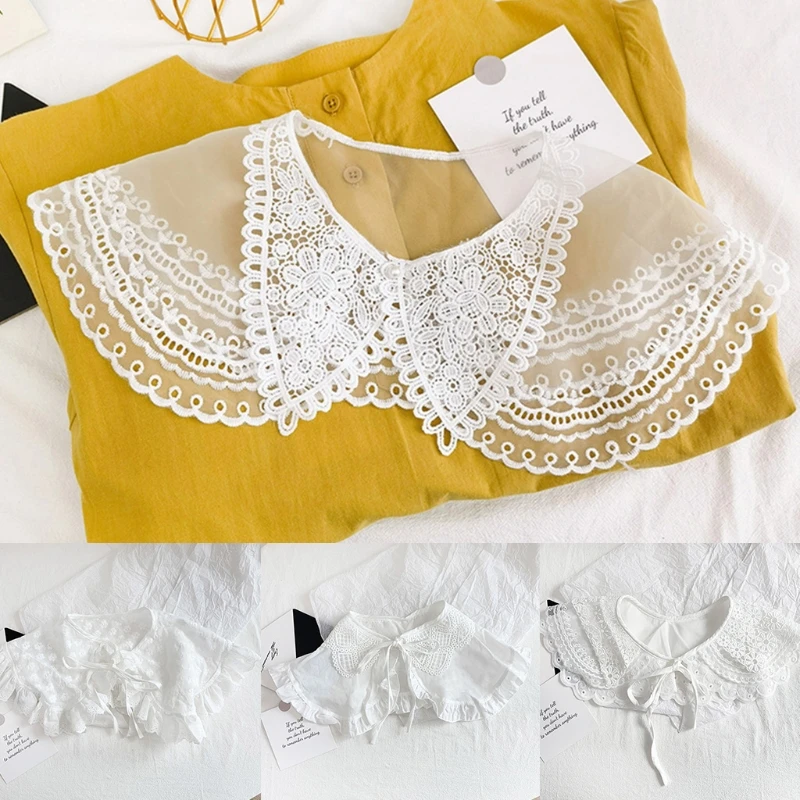 

Hollow Out Mesh Decorative Fake Collar Shawl Womens Sweet Ruffles Embroidery White Necklace Half Shirt Lapel Mini Poncho