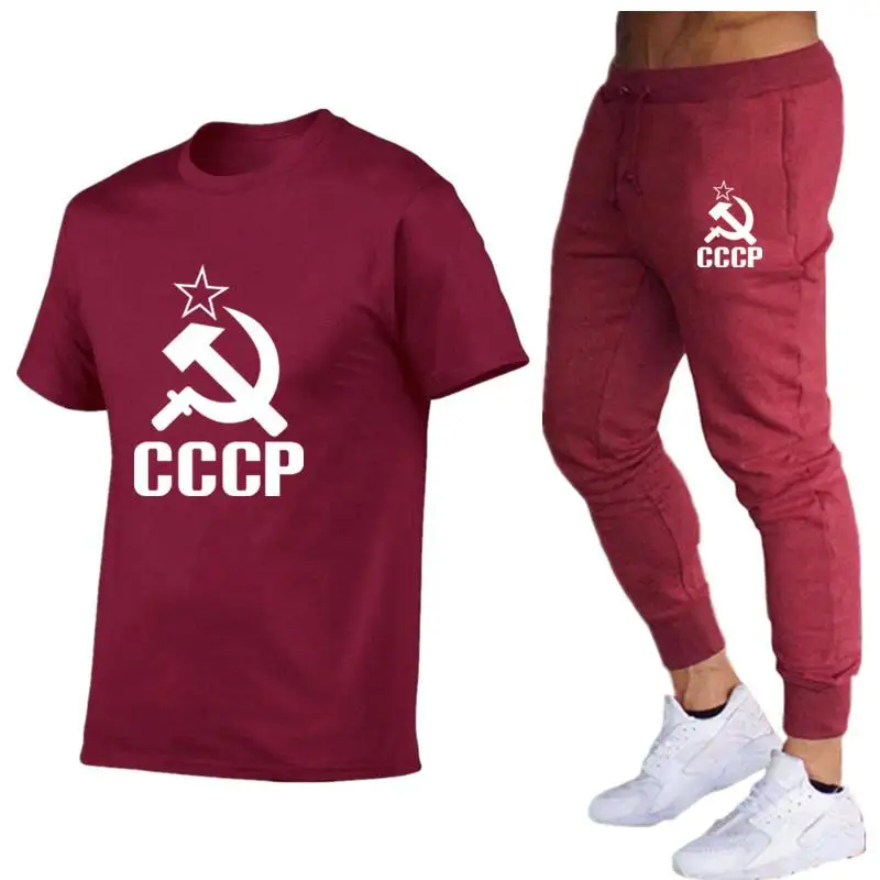 

2020 summer new men's CCCP USSR T-shirt casual men's shirt + pants men's letter printing men's clothing brand T-shirt set