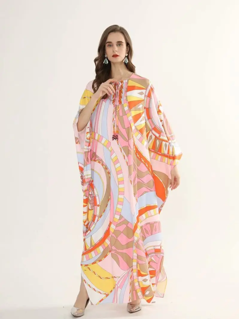 2021 Summer Bohemian Floor Length Loose Dress Women Knitting Silk Print Elegant Maxi Long Dress Robe Gown Beach dress