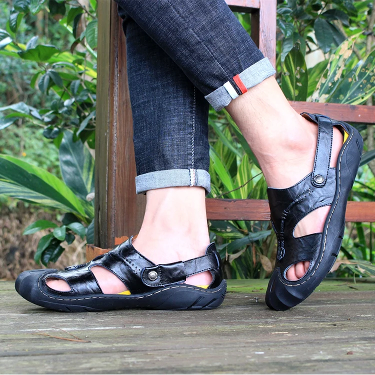 

New Arrival Male Beach Sandals Plus Size 45 46 Walking Sandals Men Ankle-Wrap Mens Leather Sandals Non-Slip Men Casual Shoe