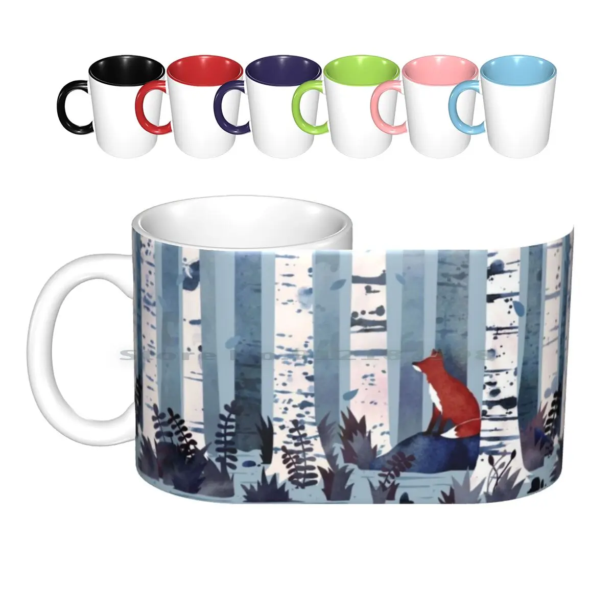 

The Birches ( In Blue ) Ceramic Mugs Coffee Cups Milk Tea Mug Fox Birch Forest Woods Nature Red Blue Periwinkle Watercolor
