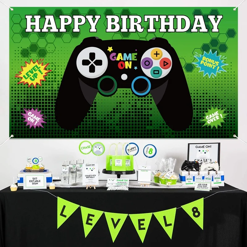 

71 X 47 Inch Video Game Happy Birthday Backdrop Banner,Large Poster Photo Booth Props Background, Game Party Decorations