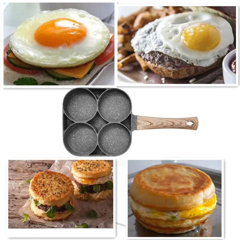 4 Hole Omelet Pan for Burger Eggs Ham Pancake Maker Wooden Handle Frying Pot Non-stick Cooking Breakfast | Дом и сад