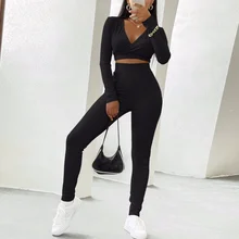 Women's Clothing 2 Two Piece Workout Set Long Sleeve Sports Suit Fitness Autumn Elastic Yoga Outfit Crop Top Leggings Activewear (4)