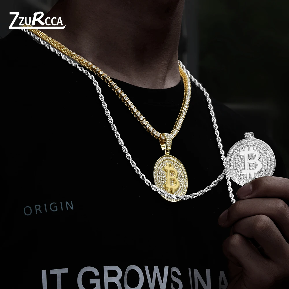 Цепочка с кулоном в виде биткоина для мужчин и женщин сверкающая цепь из