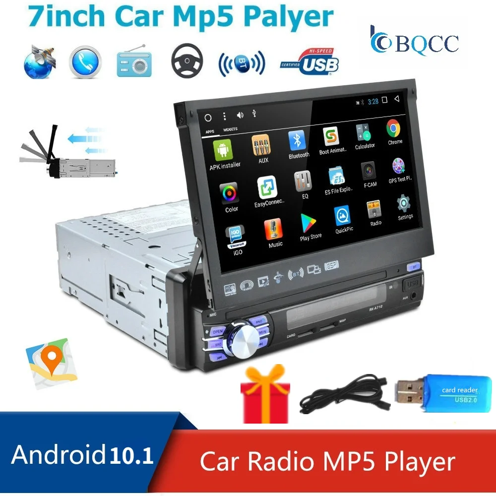 

7"HD 1 Din Android 10.1Car Radio GPS Navi Wifi Retractable Screen Stereo Mirror link Bluetooth Autoradio Rear View Camera