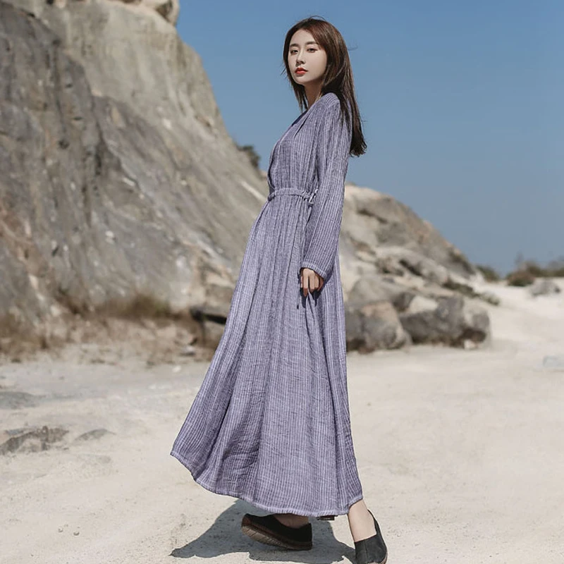 Женское винтажное платье с высокой талией Johnature однотонные халаты V образным