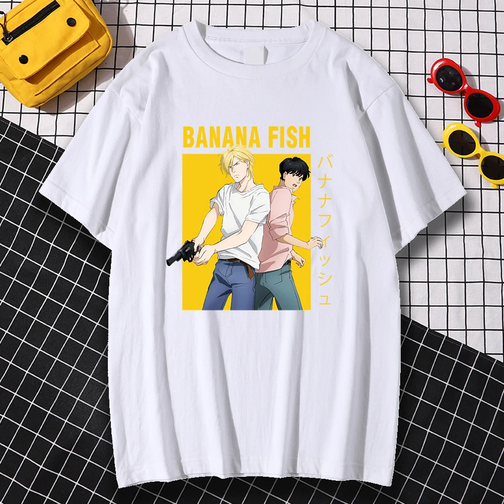 

Vintage Banana Fish Cartoon Anime Printed T Shirts Men Crewneck Cute Clothing M-5XL Casual Summer Loose Tops Mens