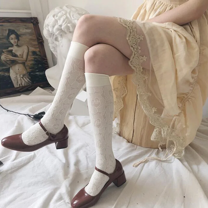 

Весенние винтажные чулки для женщин носки с кружевами, высокие носки на бедрах осенний Harajuku с вышивкой белого цвета, в готическом стиле, кла...