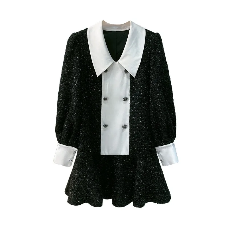 

Vintage Splice Lantern Sleeve Ruffle Tweed Dress Office Ladies Elegant French Double Breasted Dress Women Sweet Mini Dresses