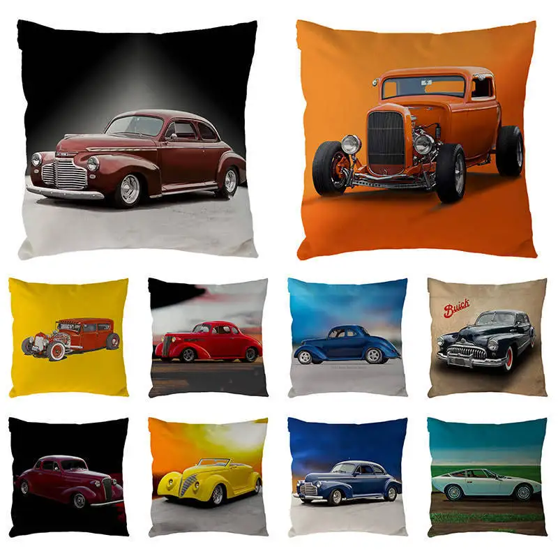 

45cm*45cm Vintage Cotton Linen Cartoon Auto Printing Pillowcase For Fashion Bar Pillow Cover Household Hug Pillow Covers 1723
