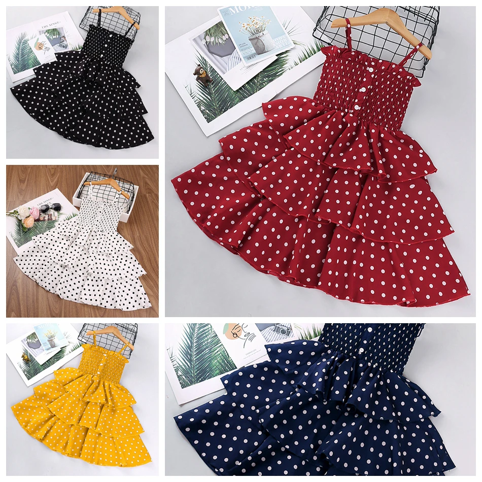 

Kids Summer Clothes Girls Cute Polka Dots Printed Sling Layered Dress Children Birthday Party Princess Gown 2-7 Years