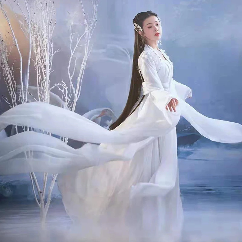 Authentic Original Divine Girl Han Costume Female Ancient Costume Waist High White Super Fairy Elegant Ancient Style Dance Dress