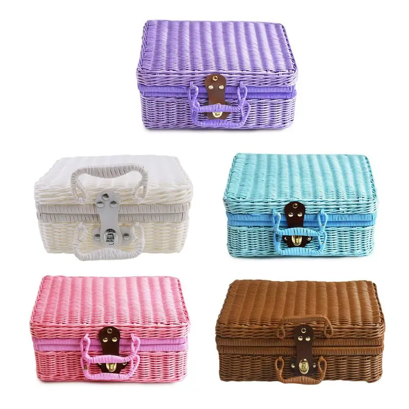 

Rattan Storage Basket Makeup Organizer Multipurpose Container with Lid