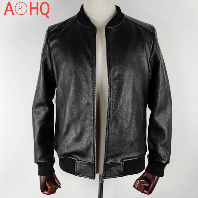 

New Genuine Leather Bomber Aviation Jacket Men 100% Cowhide Plus Size 5XL Black Slim Real Cow Leather Flight Aviator Pilot Coats