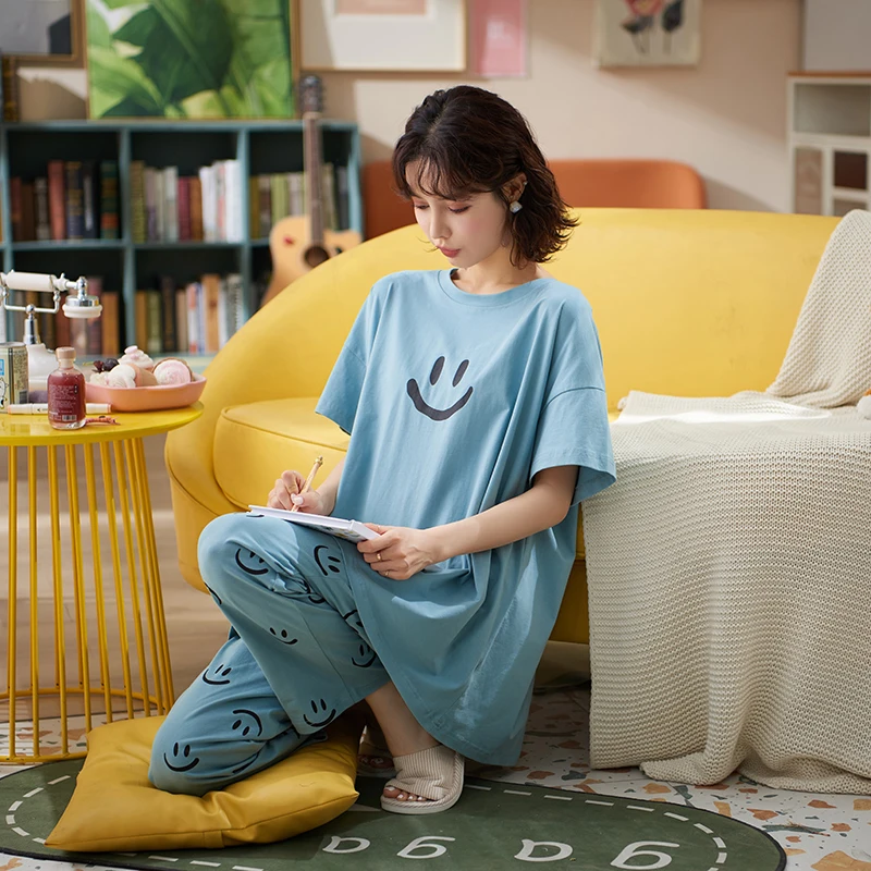 

ATUENDO Summer Kawaii Blue Pajamas Sets for Women 100% Cotton PJS Atoff Home Satin Sleepwear Fashion Soft Silk Lounge Homewear