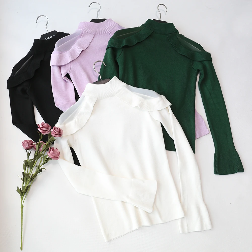 new style Sweet ruffled mesh open-shoulder long-sleeved sweaterfemale half-necked pullover sweater slim bottoming shirt winter | Женская
