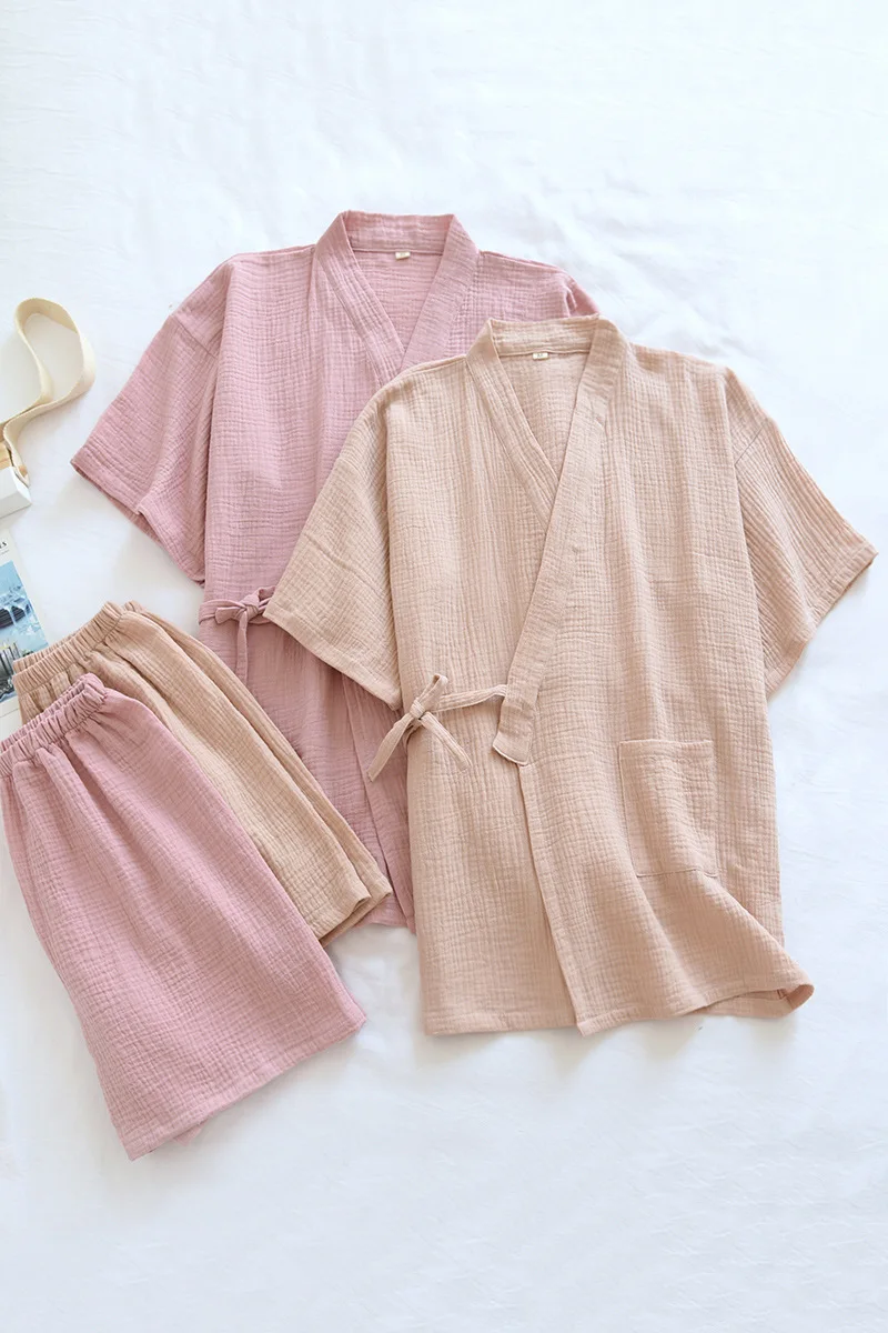 Couple Pajamas Set Cotton Crepe Kimono Short Sleeved Sleepwear with Shorts Men /women Summer Thin Solid Color Loose Home Wear