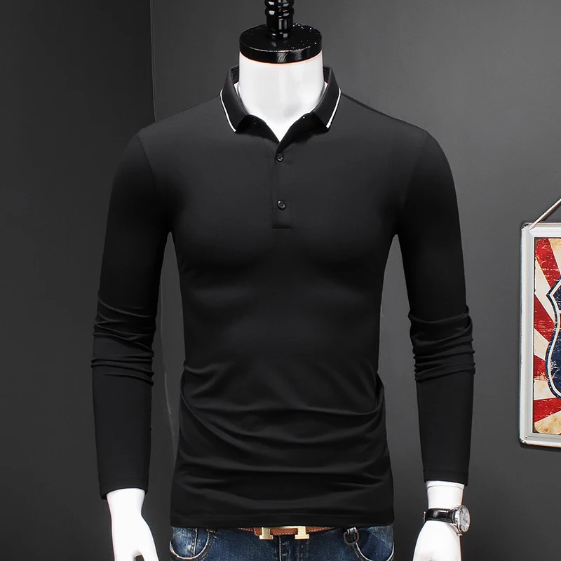 Black Polos Contrast Casual Color Neck Long Sleeve Shirt Stretch Cotton Modal Polo Shirts Autumn Fashion Men Tops |