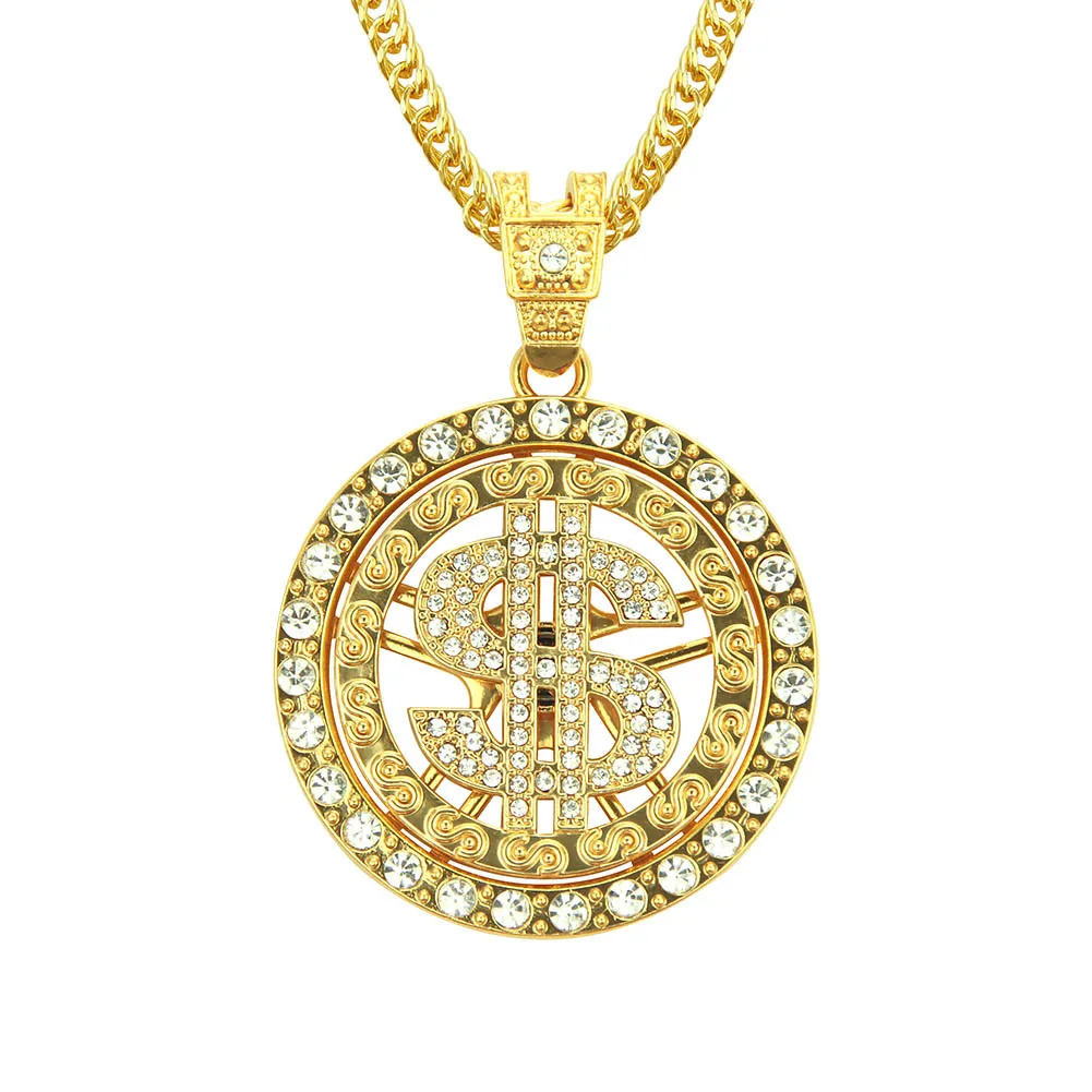 

Iced Out Rotating Dollar Pendant Necklace Cuban Link Chain Necklaces for Men Trendy Charms Mens Jewelry Women Hip Hop Jewelry