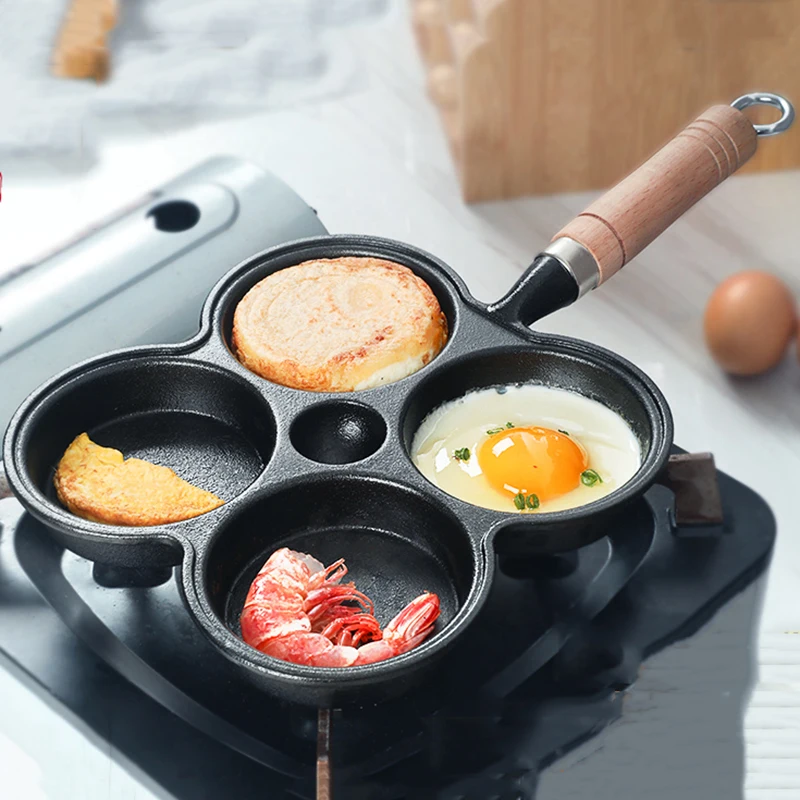 

Чугунная сковорода с 4 чашками для завтрака, антипригарная сковорода для жарки яиц с деревянной ручкой