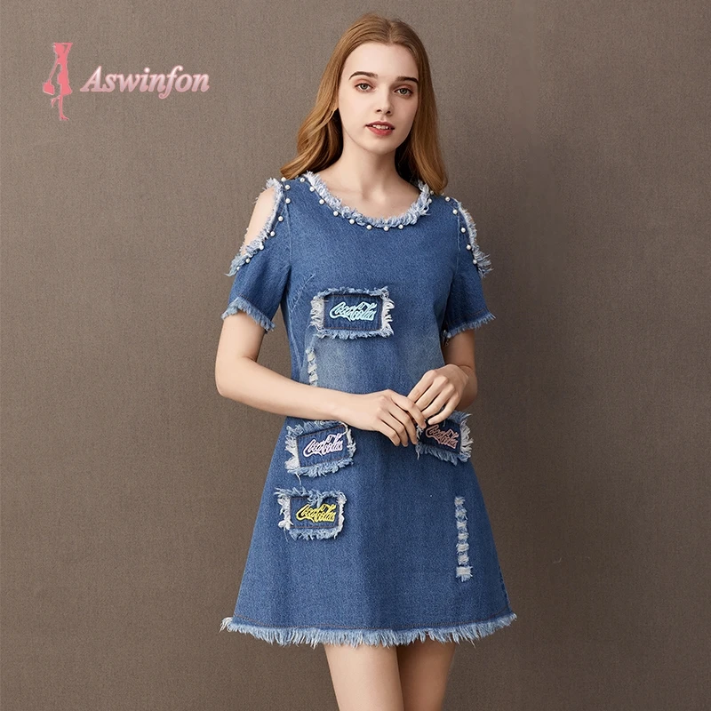 Aswinfon повседневное джинсовое платье мини с коротким рукавом 2020 летнее вышитое