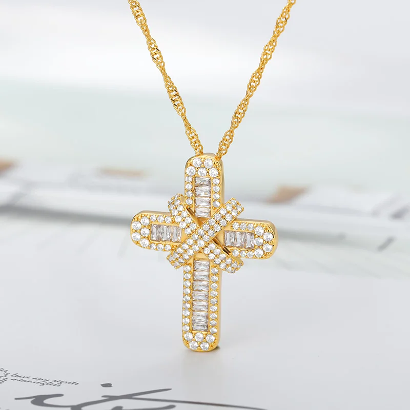 

Cubic Zirconia Cross Necklace With Water Wave Chain Necklace For Men Women Gold Chain On The Neck Charm Egyptian Jewelry Gifts