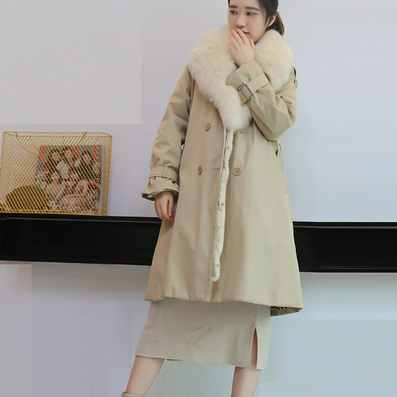 Fashion Winter Women Real Fur Coat Rex Rabbit Fur Liner Fox Hair Turn-down Collar Detachable Warm Mid-Length Parkas Office Lady