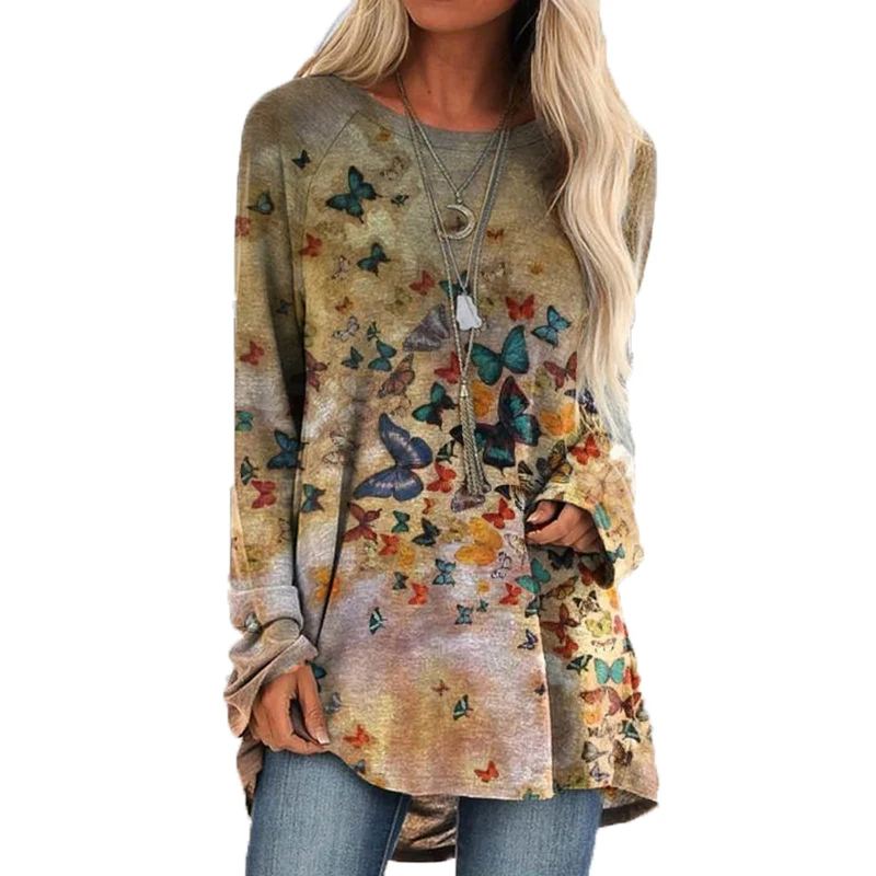 

2021 Spring Autumn Female Butterfly Print O Neck Women Casual T-shirt Long Sleeve Loose Tops T Shirt