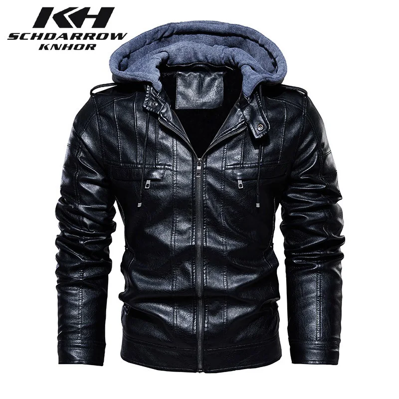 Мужские кожаные куртки, Мужская зимняя модная теплая мотоциклетная куртка с капюшоном из искусственной кожи, пальто, Мужская одежда, верхня...