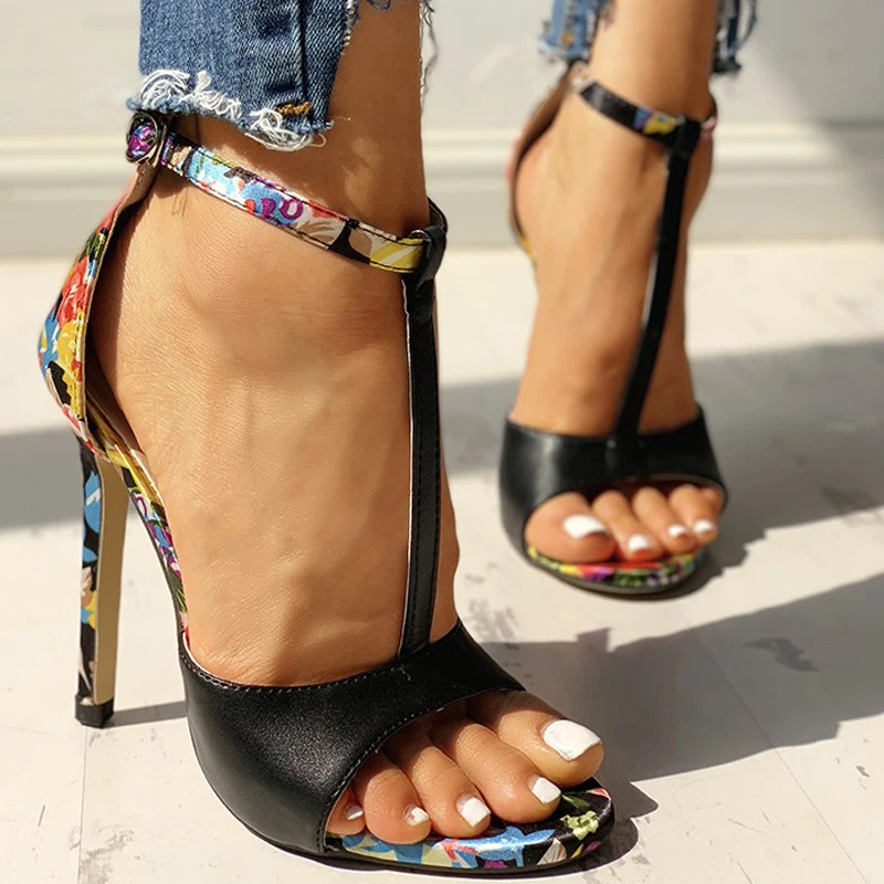 

Rimocy sexy women t-strap floral print sandals 2019 summer fashion super high heels open toe gladiator shoes woman party pumps
